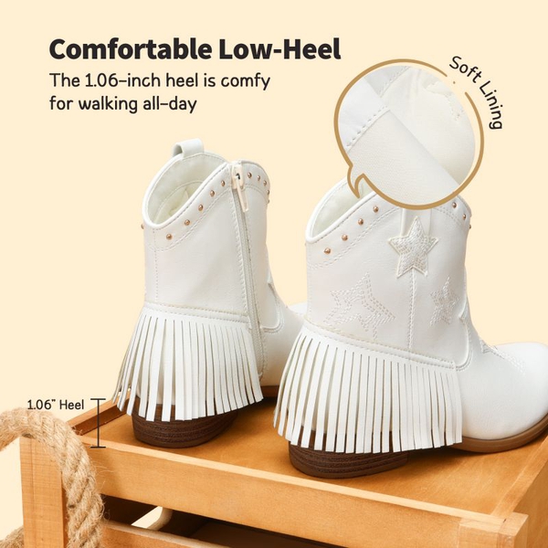 Girls Star Pattern Western Cowgirl Boots - WHITE - 3